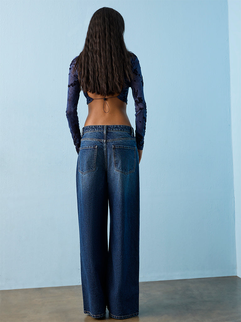 Nuon Dark Blue Washed High-Rise Jeans