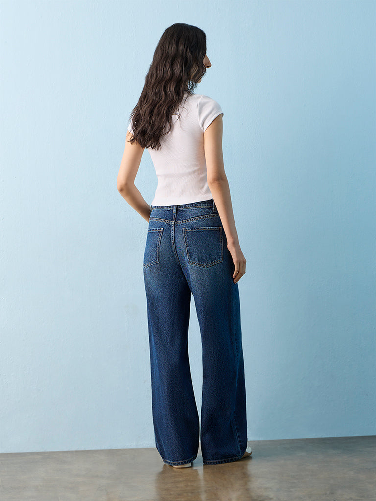 Nuon Dark Blue Washed High-Rise Jeans