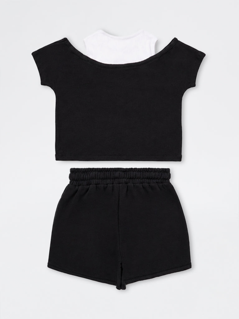 Girls Black Text Embroidered Cotton-Blend T-Shirt and Shorts Set