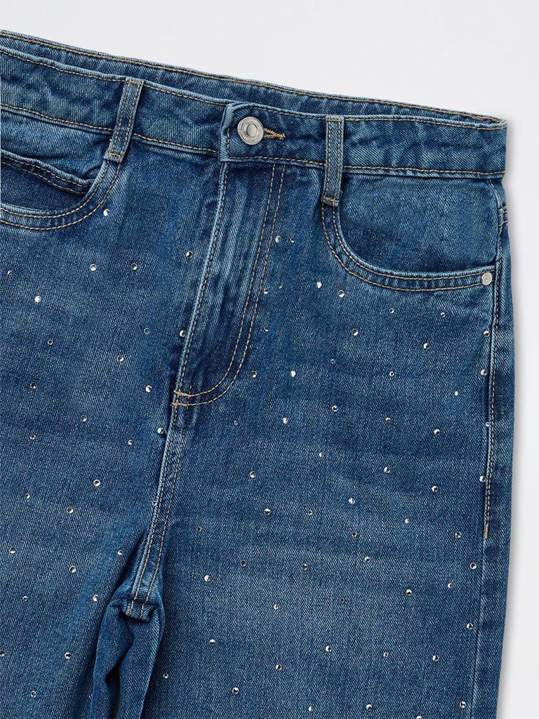 Girls Blue Embellished High-Rise Jeans
