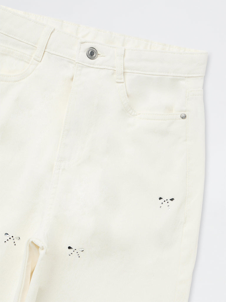 Girls White Bow Detailed High-Rise Relaxed-Fit Jeans