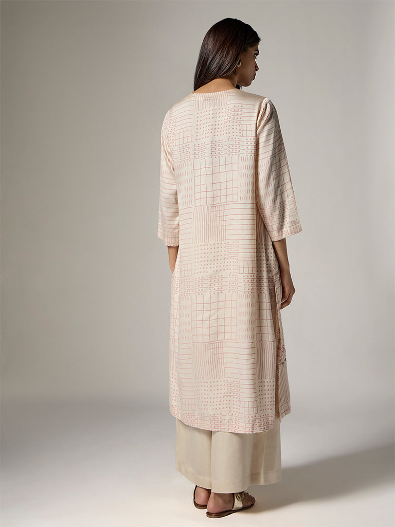 Zuba Cream Printed A-Line Kurta