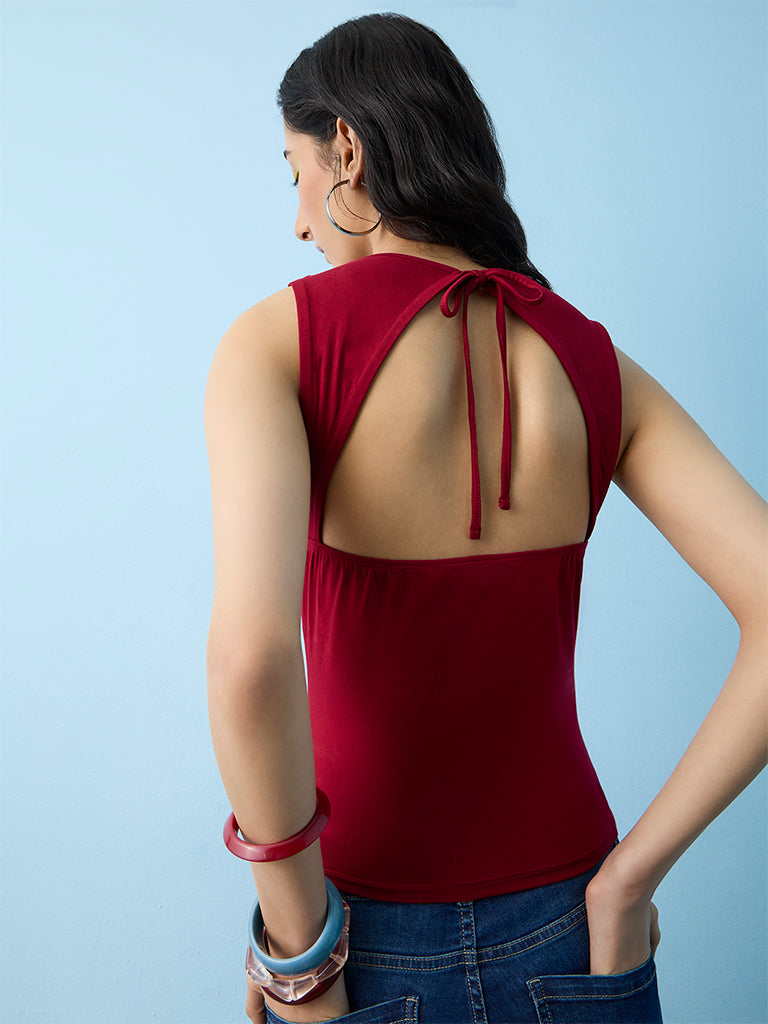 Nuon Burgundy Cowl-Neck Top