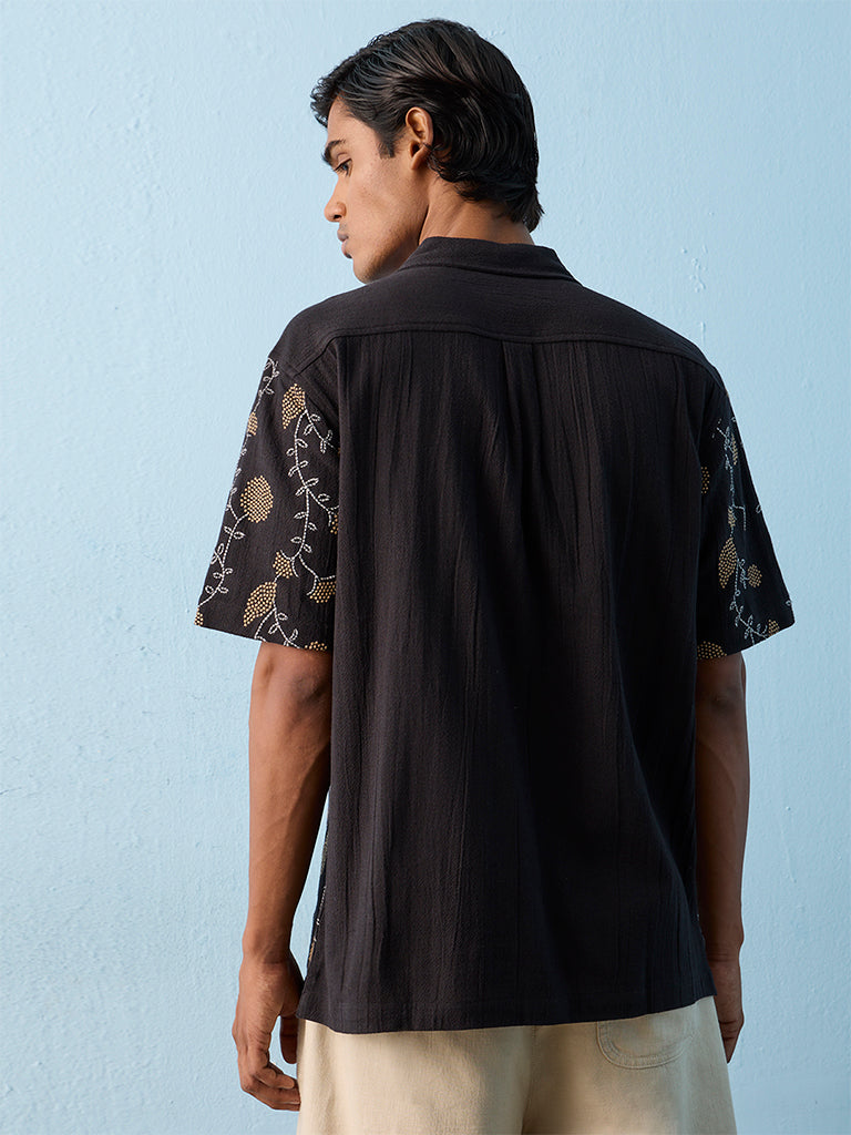 ETA Black Floral Design Relaxed-Fit Cotton Shirt