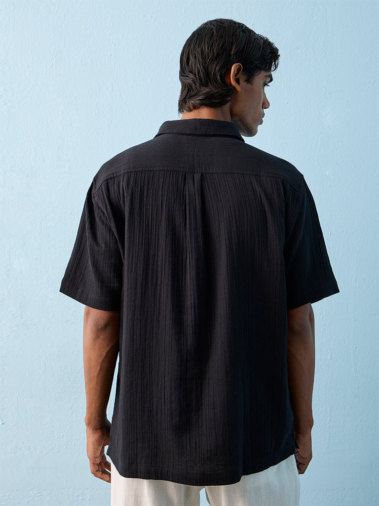 ETA Black Floral-Embroidered Relaxed-Fit Cotton Shirt