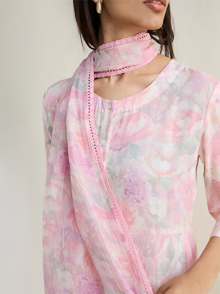 Zuba Pink Floral Pattern Cotton-Blend Stole