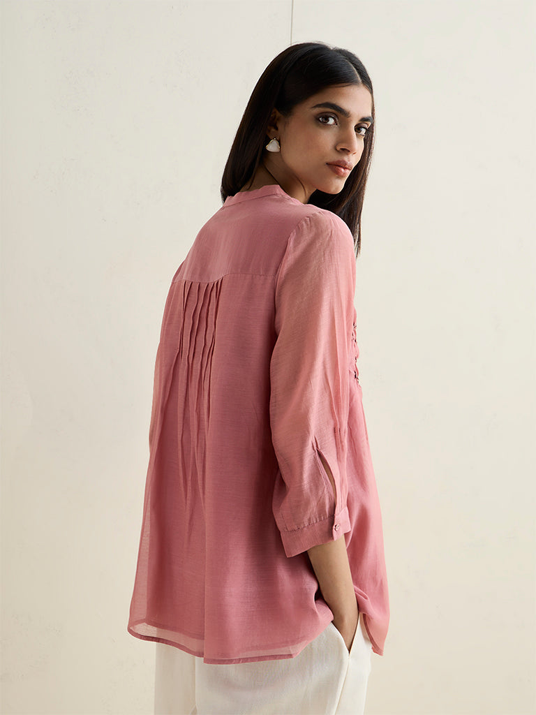 Zuba Dusty Rose Pintuck Design Silk Chanderi Tunic