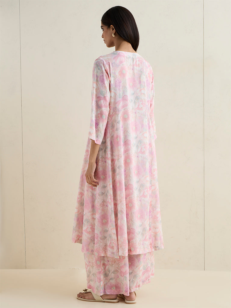 Zuba Pink Floral Pattern A-Line Kurta