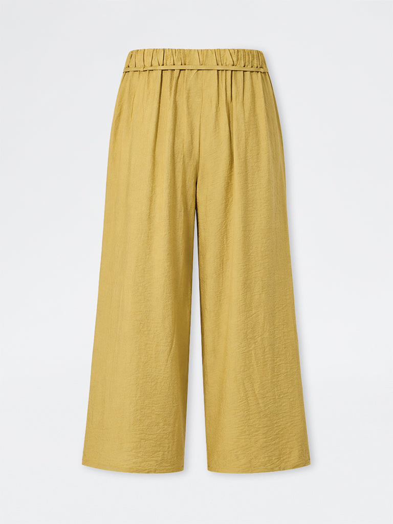 Gia Mustard Crinkle-Textured Trousers with Belt