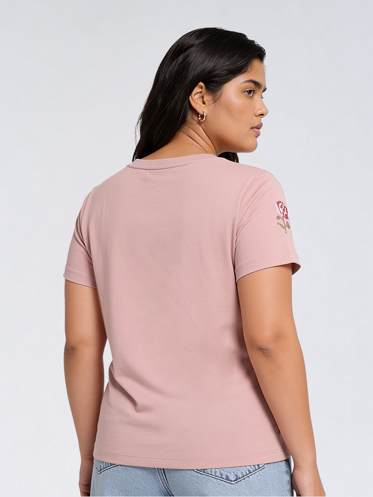 Gia Dusty Pink Floral Embroidered Cotton T-Shirt