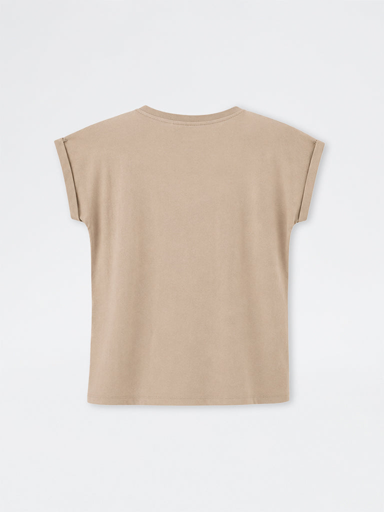 Gia Taupe Text-Detailed Cotton T-Shirt