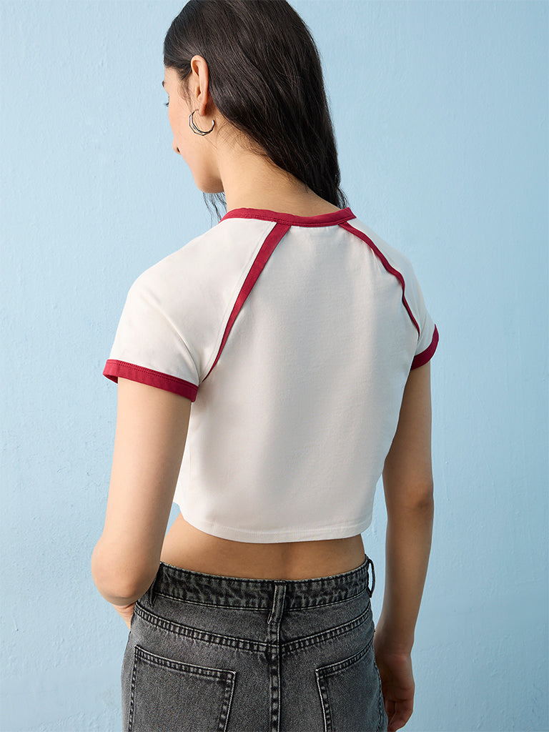 Nuon White Text Printed Cotton T-Shirt