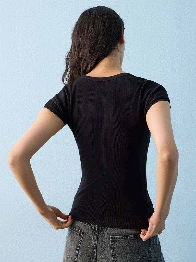Nuon Black Solid Ribbed Top