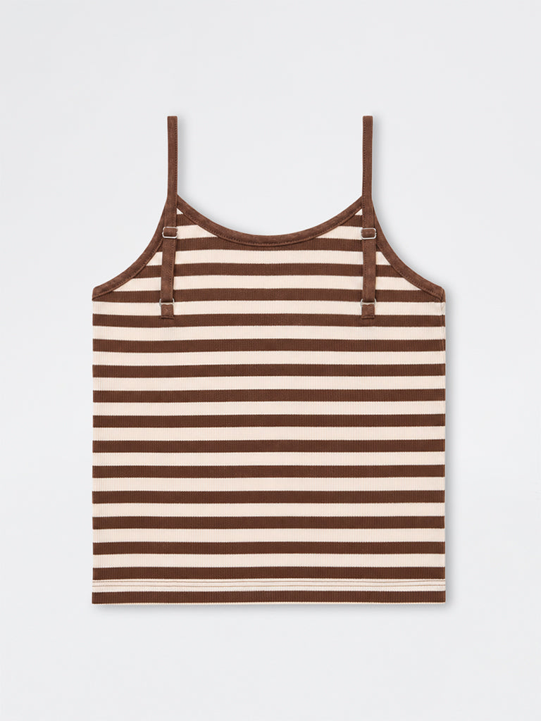 Girls Brown Striped Cotton-Blend Top