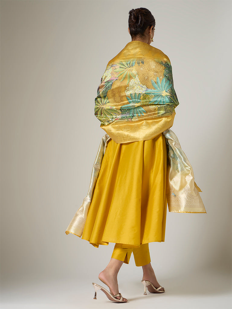 Vark Mustard Foliage Pattern Anarkali Ethnic Set