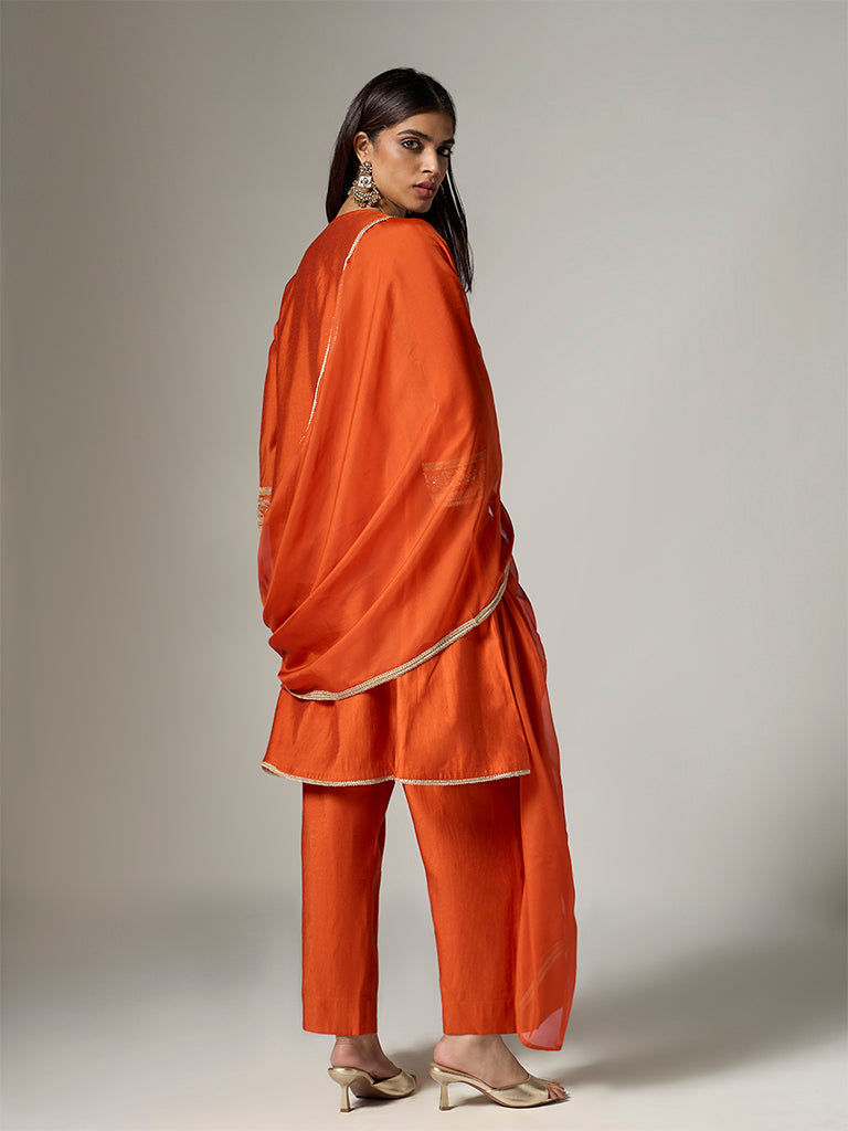 Vark Orange Floral Embroidered A-Line Ethnic Set