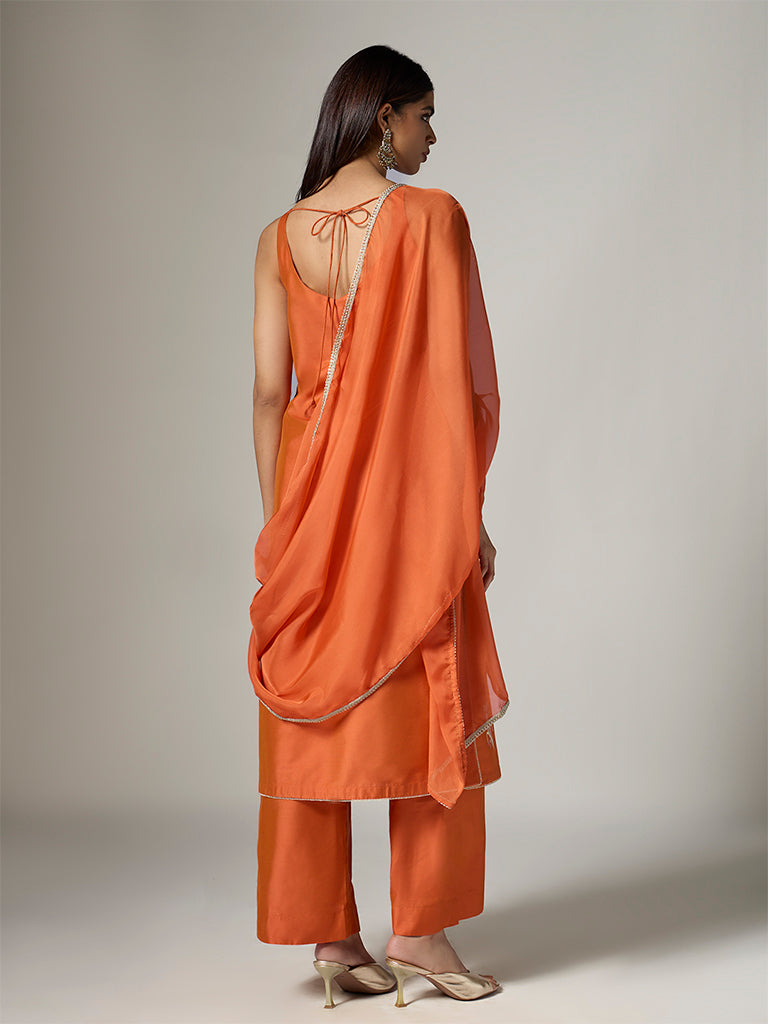 Vark Orange Floral Embroidered Straight Ethnic Set