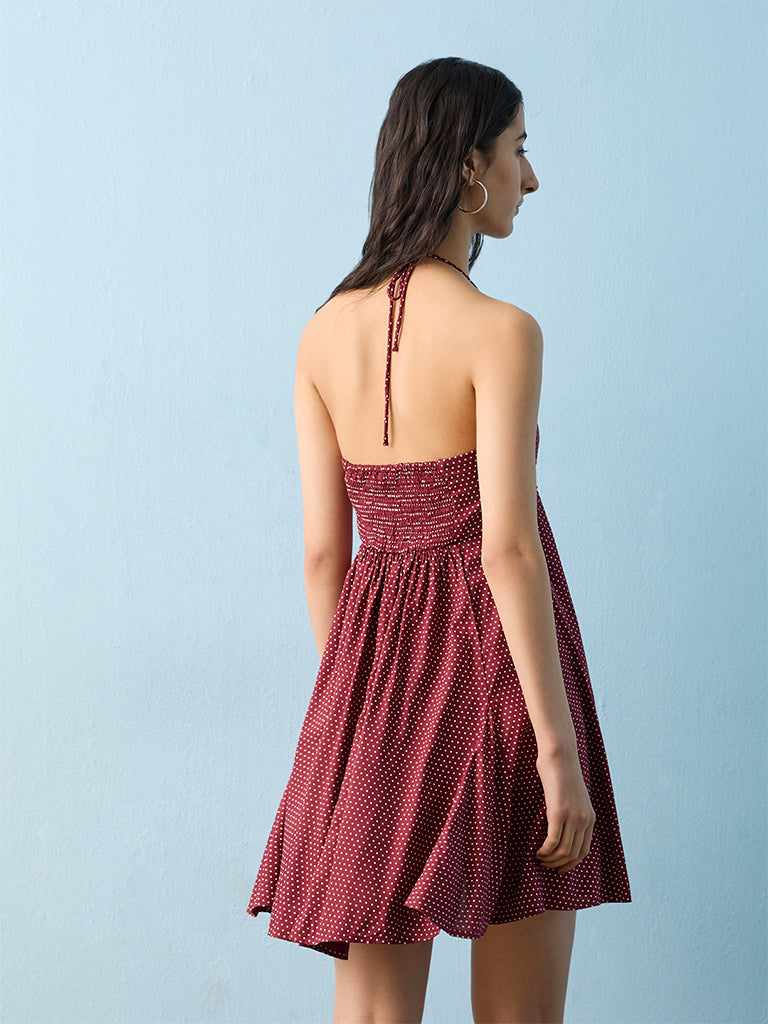 Nuon Burgundy Polka-Dot Printed A-Line Dress