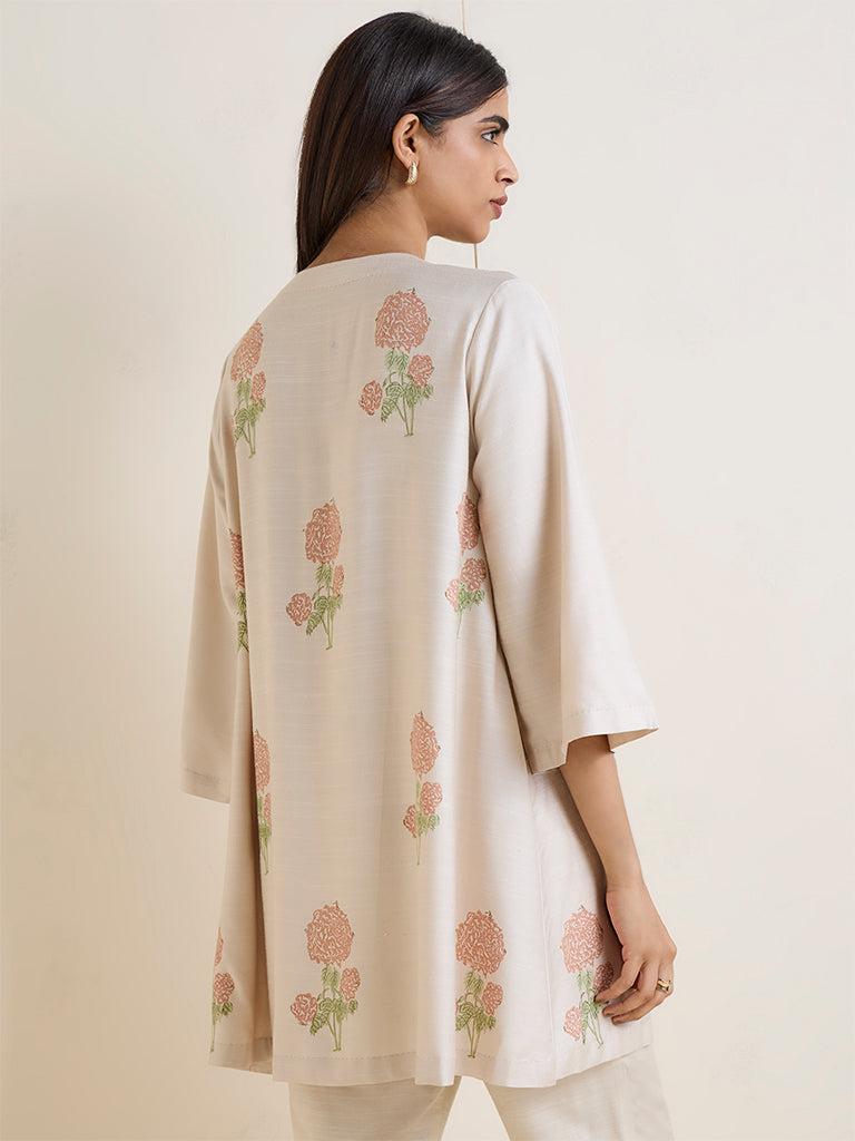 Zuba Off-White Floral Pattern Silk-Blend Tunic