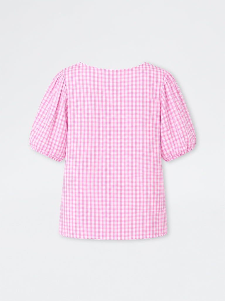 Gia Pink and White Gingham Checkered Bow-Front Cotton Top