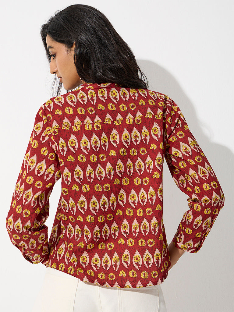 Utsa Red Floral Pattern Cotton Tunic