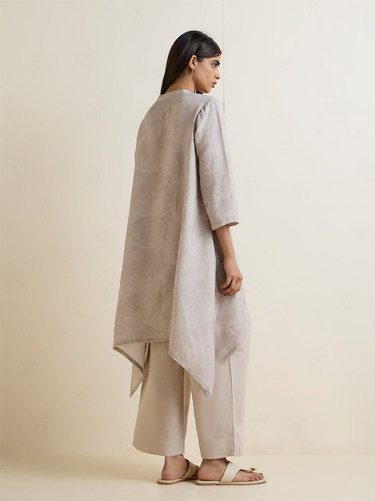 Zuba Light Beige Floral Printed A-Line Kurta