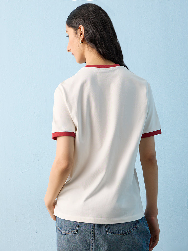 Nuon White Numerical Printed Cotton T-Shirt
