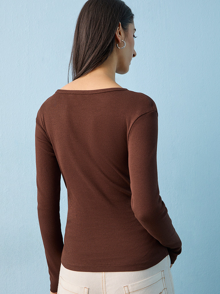 Nuon Dark Brown Graphic Printed Cotton Top
