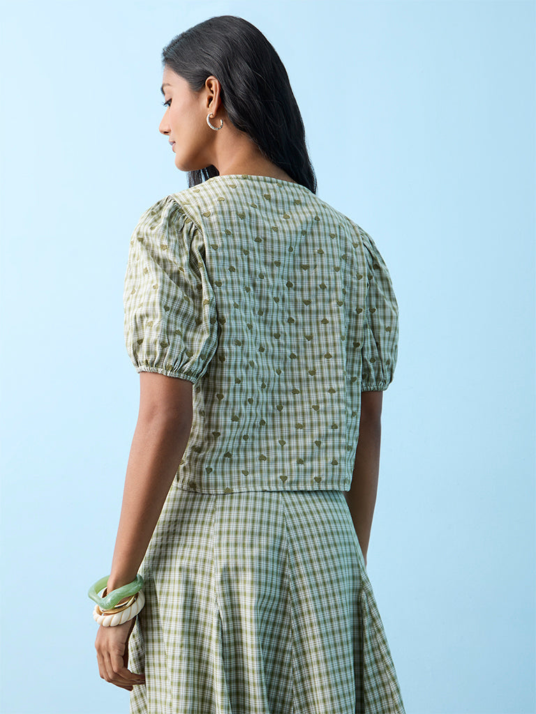 LOV Green Heart Embroidered Cotton-Blend Tie-Up Top