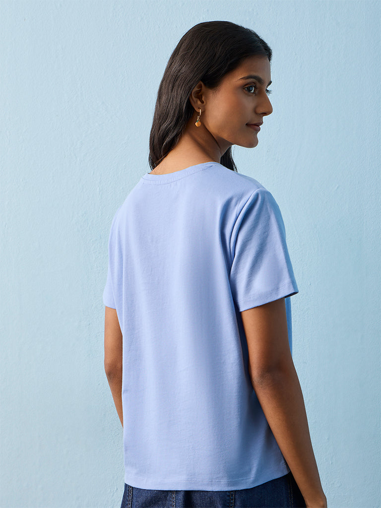 LOV Blue Printed Cotton T-Shirt