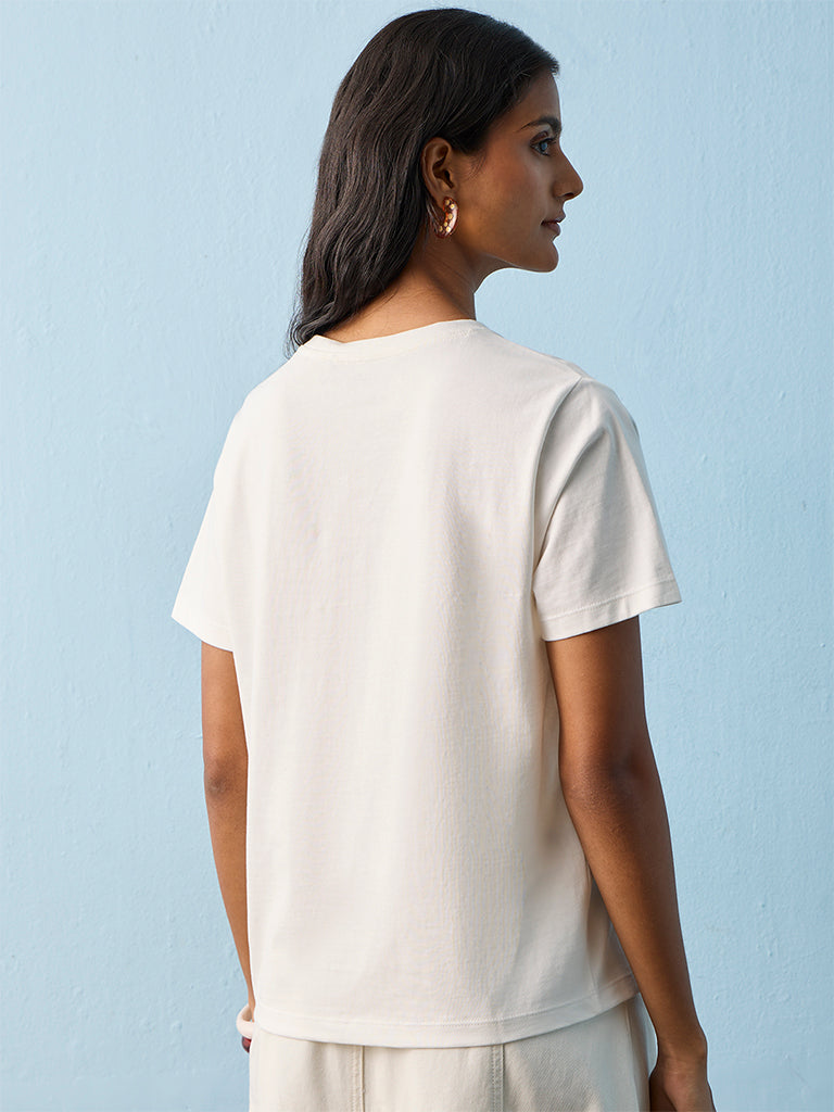 LOV White Floral Printed Cotton T-Shirt