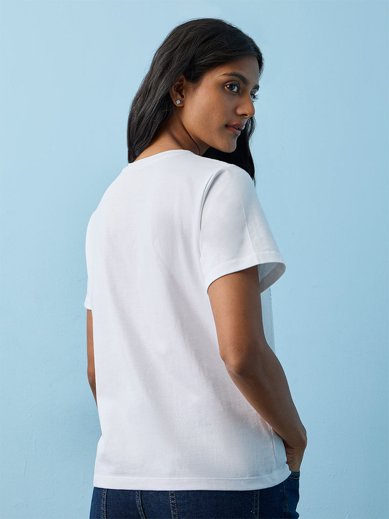LOV White Graphic Printed Cotton T-Shirt