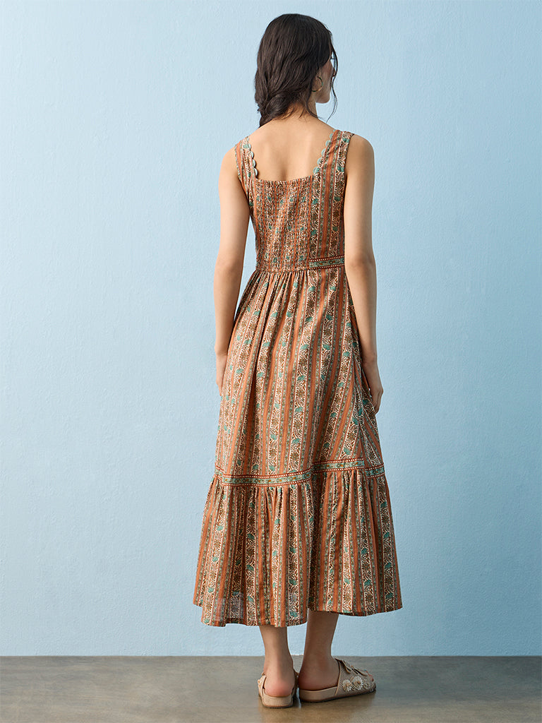 Bombay Paisley Orange Floral Printed Cotton A-Line Dress