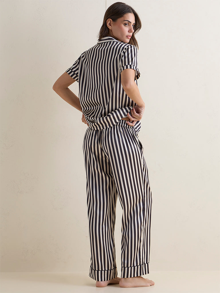 Wunderlove Black Striped Satin Shirt and Pants Set