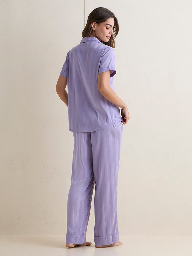 Wunderlove Lilac Self-Striped Satin Shirt and Pants Set