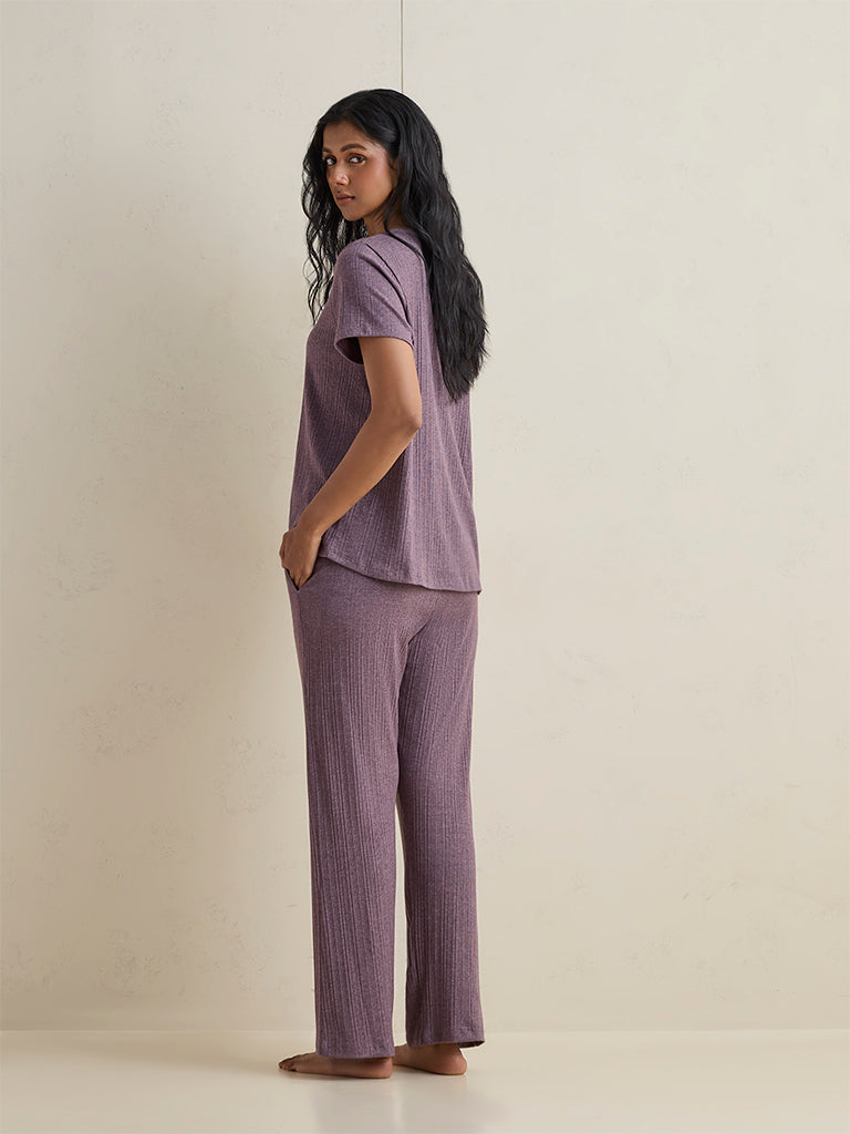 Wunderlove Dusty Mauve Ribbed High-Rise Pants