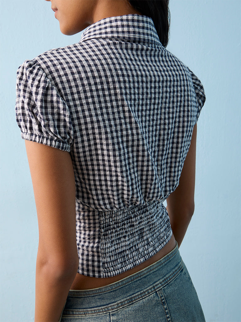 Nuon Navy Gingham Checkered Top