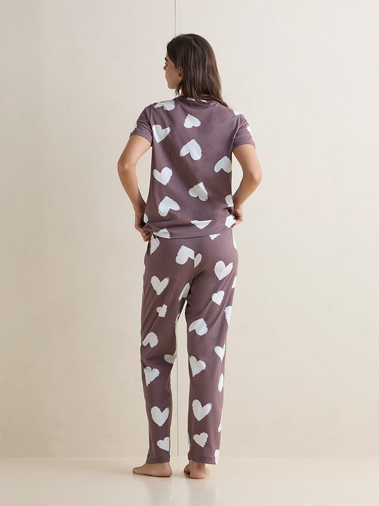 Wunderlove Dark Mauve Printed Cotton T-Shirt and Pyjamas Sets