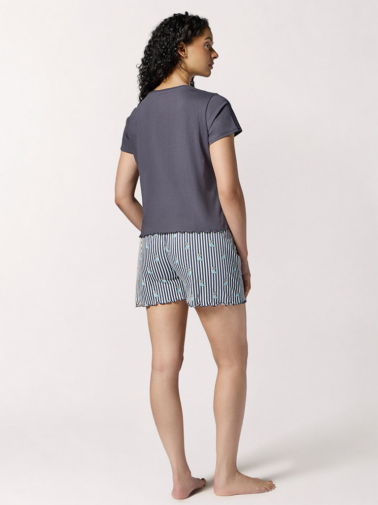 Wunderlove Charcoal Printed Cotton T-Shirt and Shorts Set