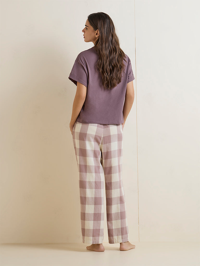 Wunderlove Mauve Checkered High-Rise Cotton Pants