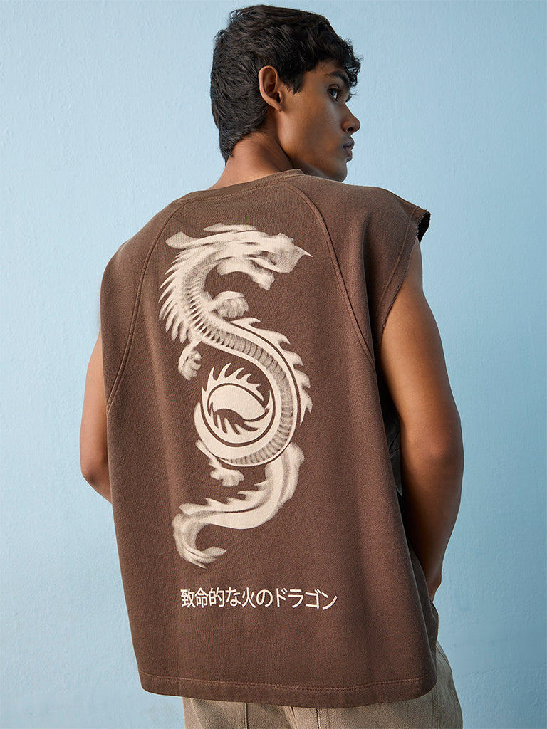 Nuon Dark Brown Printed Relaxed-Fit Cotton T-Shirt
