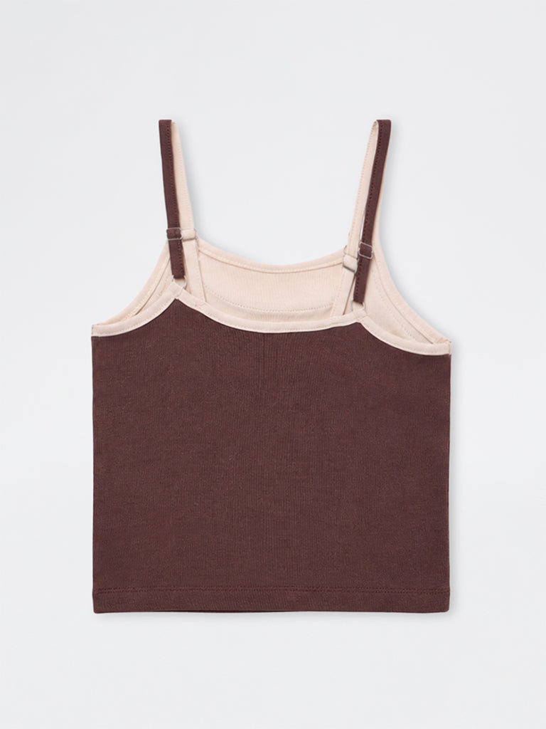 Girls Brown Numerical Printed Cotton-Blend Top