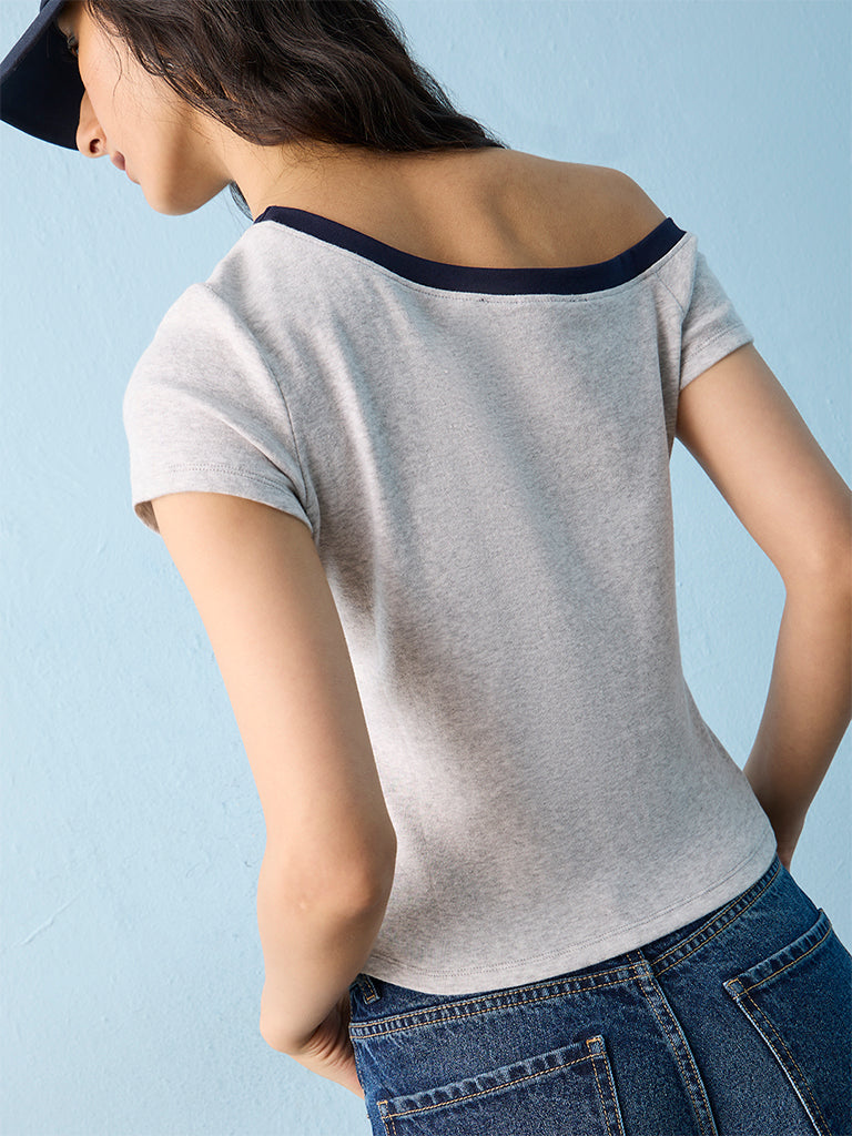 Nuon Grey Printed Off-Shoulder Cotton-Blend Top