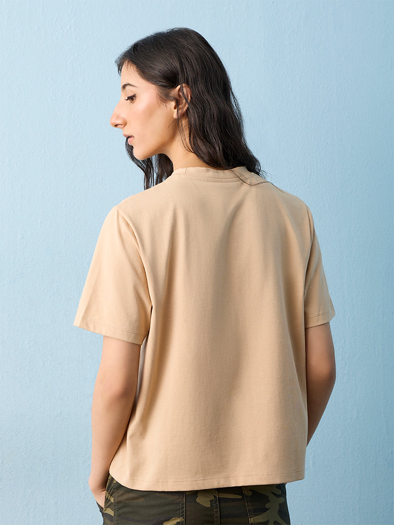 Nuon Beige Graphic Printed Cotton T-Shirt