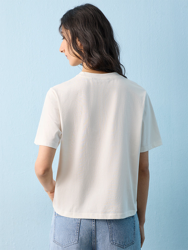 Nuon Off-White Floral Printed Cotton T-Shirt