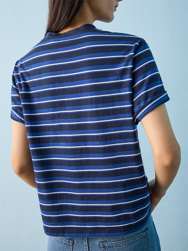 Nuon Blue Striped Cotton T-Shirt
