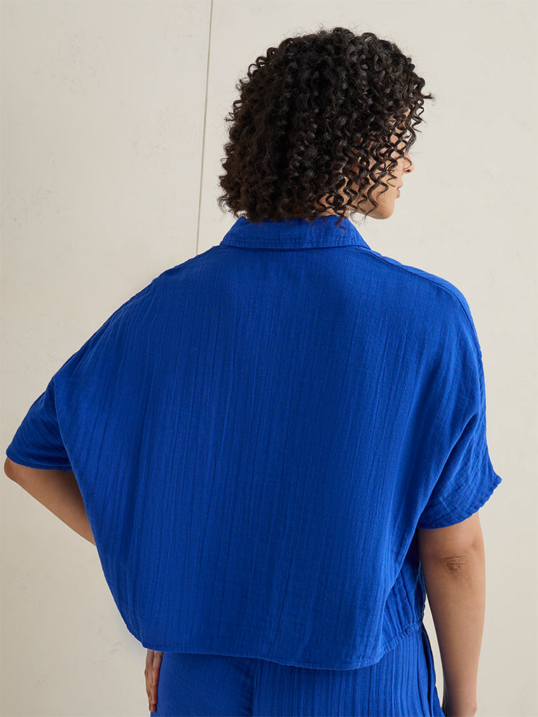 Wunderlove Blue Crinkle-Textured Beach Cotton Shirt