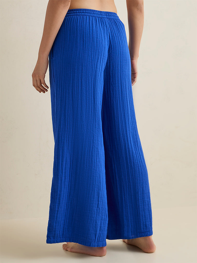 Wunderlove Navy Crinkle Textured High-Rise Cotton Beach Pants