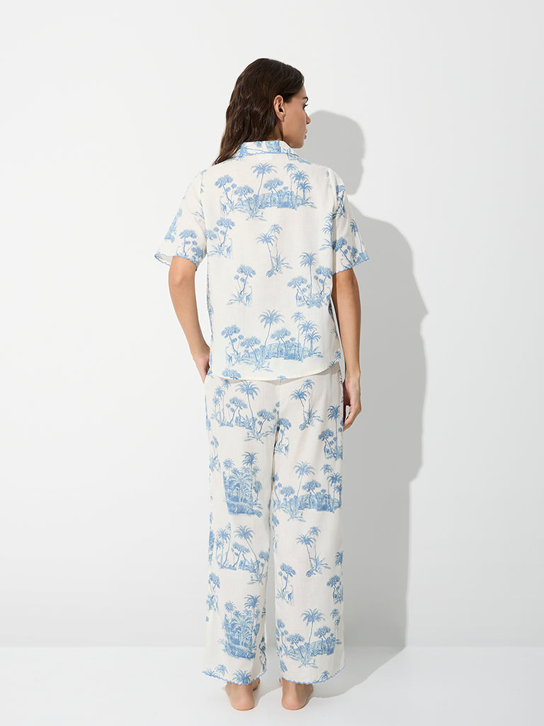 Wunderlove White Tropical Printed Cotton Shirt and Pyjamas Set