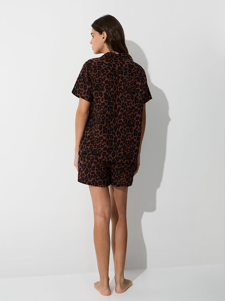 Wunderlove Brown Animal Printed Cotton Shirt and Shorts Set